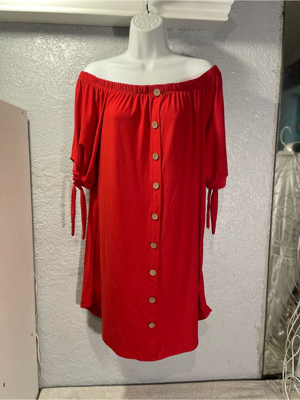 Off-Shoulder Button-Front Midi Dress in Red